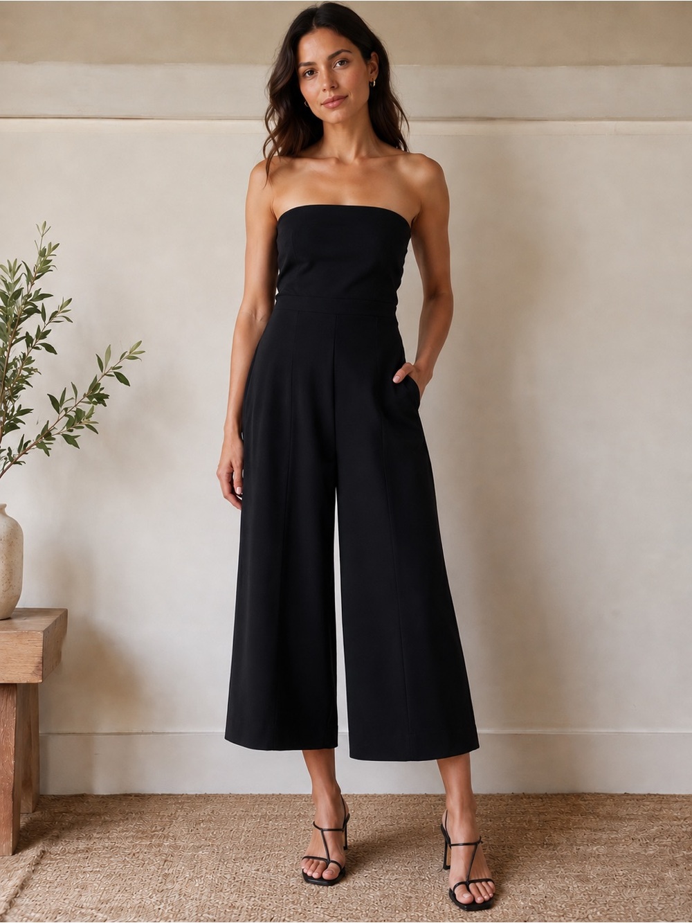 Likely Black Strapless Wide Leg Cropped Elegant Minimal Jumpsuit size 2